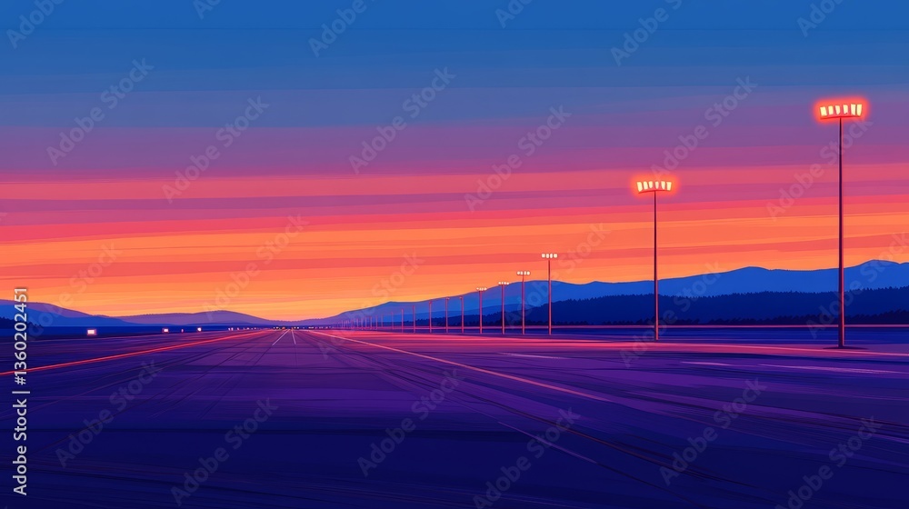 Fototapeta premium Vibrant sunset over a deserted highway with distant mountain and glowing streetlight