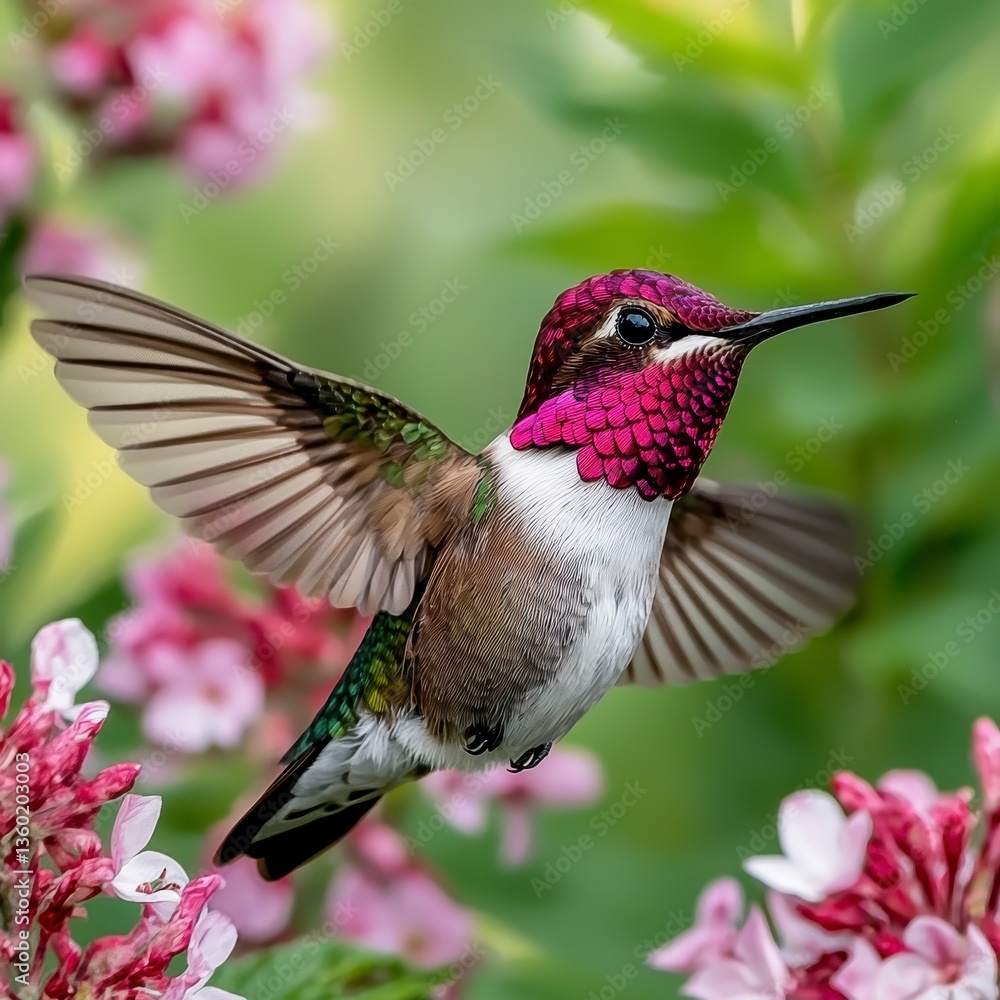 Fototapeta premium Iridescent Hummingbird Hovering Near Pink Flowers