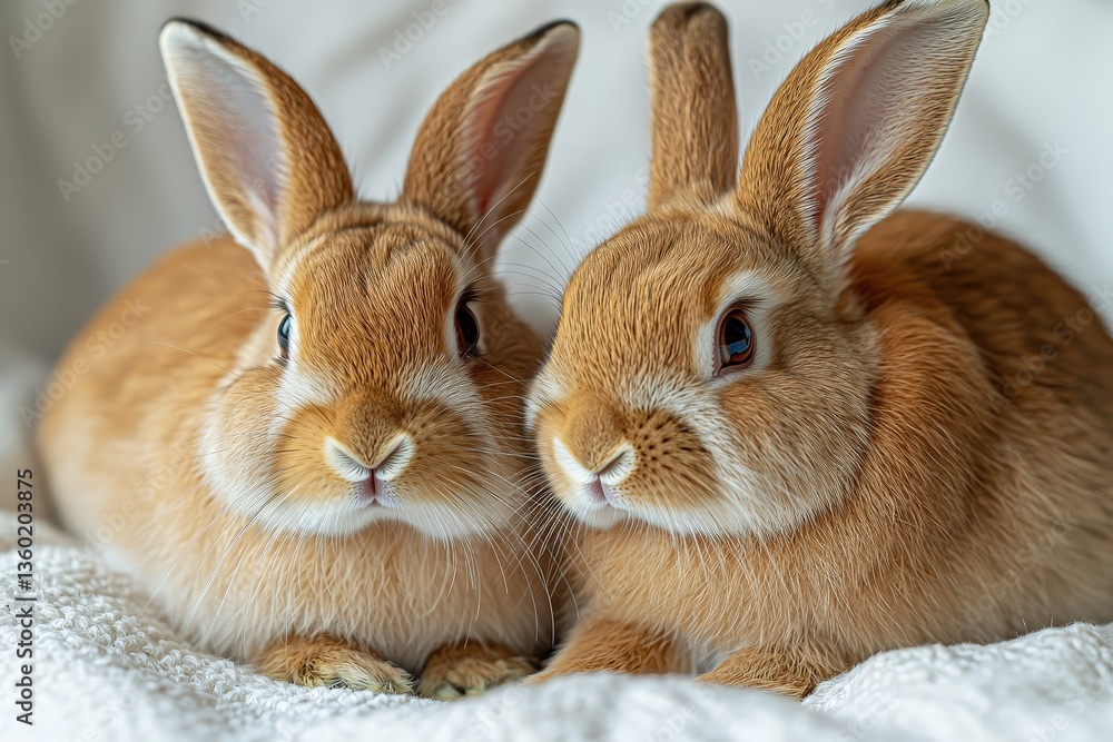 Obraz premium Adorable pair of fluffy brown rabbits relaxing on soft white blanket