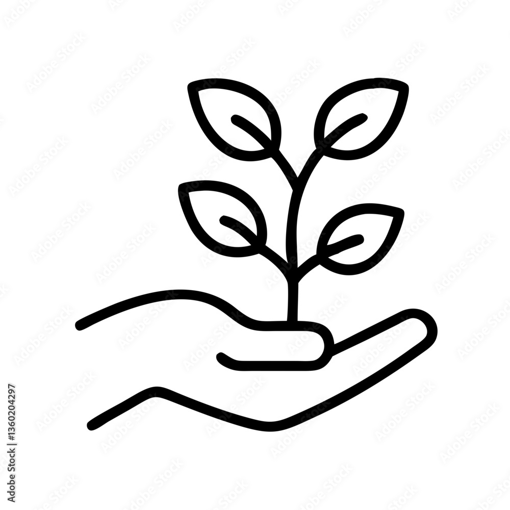 Hand holding plant icon with leaves outline Hand holding plant icon with leaves outline