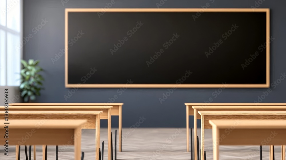 Modern classroom setup with empty wooden desks facing a large blackboard and potted plant Modern classroom setup with empty wooden desks facing a large blackboard and potted plant