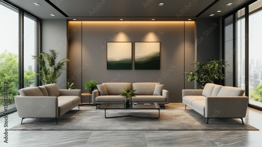 Fototapeta premium A modern waiting area with grey sofas, a glass coffee table, and decorative plants in a stylish office interior