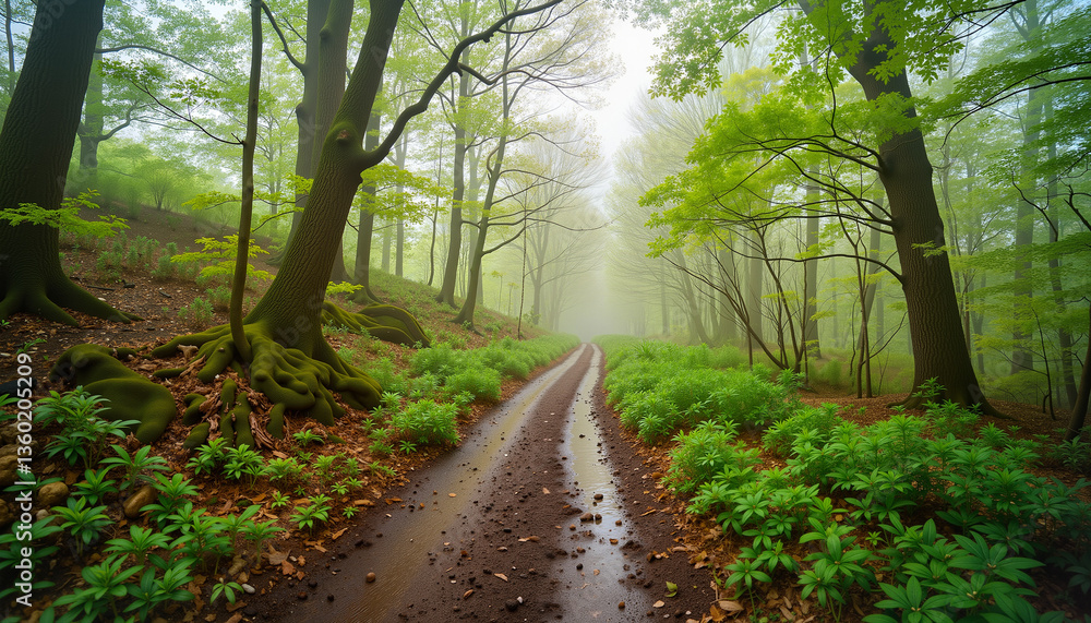 Obraz premium Misty forest path winding through lush greenery, tranquil nature