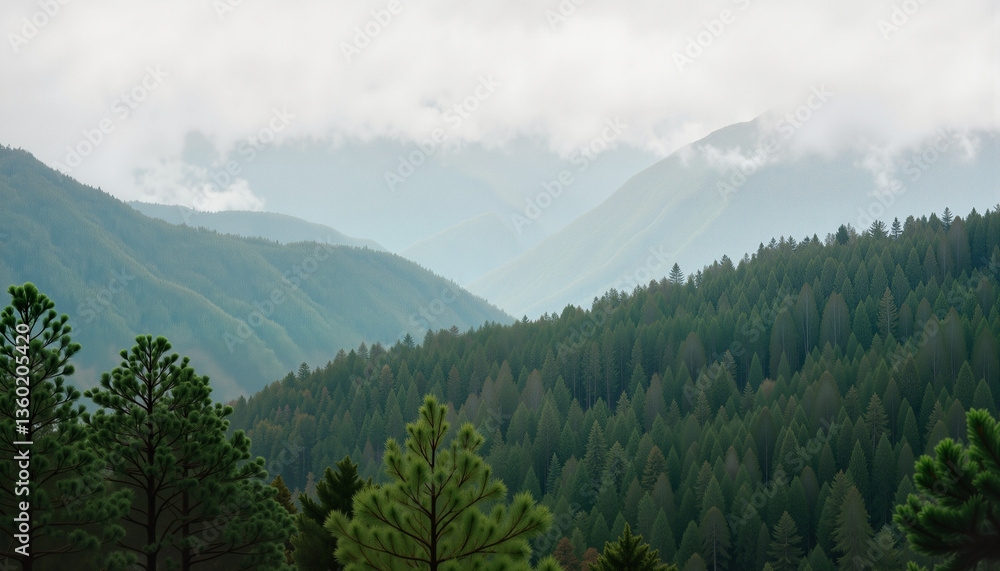 Fototapeta premium Misty pine forest landscape with mountains, ethereal tranquility