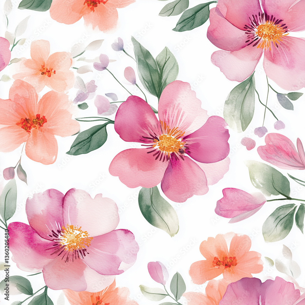 Obraz premium Flowers watercolor illustration, seamless pattern. Design for cover, fabric, textile, wrapping paper
