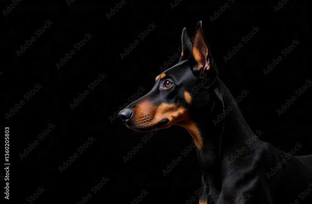 Doberman dog profile on black background, low key photo Doberman dog profile on black background, low key photo