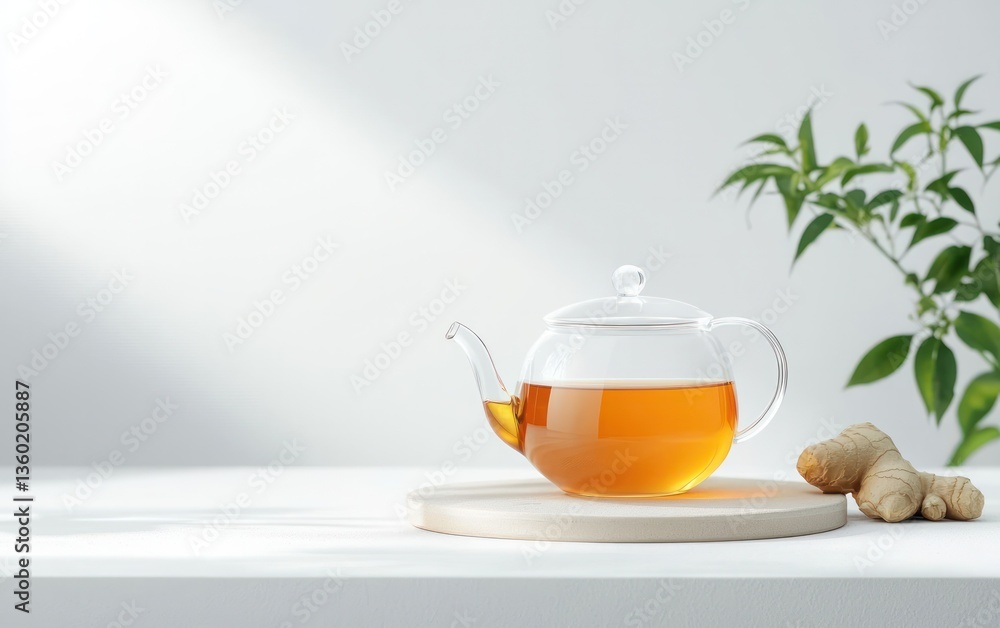 Glass Teapot of Amber Tea with Ginger and Greenery Glass Teapot of Amber Tea with Ginger and Greenery