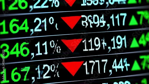 Rapid financial market decline with falling stock prices and red arrows on exchange board