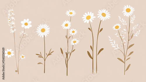 Set of abstract Daisy flowers. Abstract minimal daisy elements