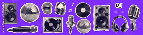 Trendy Music karaoke halftone collage torn out paper elements set. Retro microphones, headphones, singing mouths, speaker stickers. Vintage grunge vector illustration on neon background
