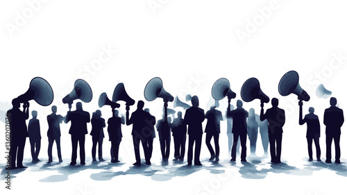 The image shows a large group of people depicted as black silhouettes against a white background. Each person holds a megaphone, suggesting a collective voice or announcement.  The silhouettes are