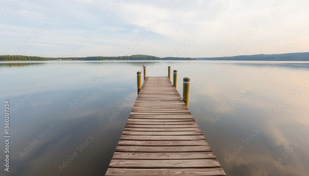 Fototapeta premium A wooden pier stretches into the blue lake under a summer sky