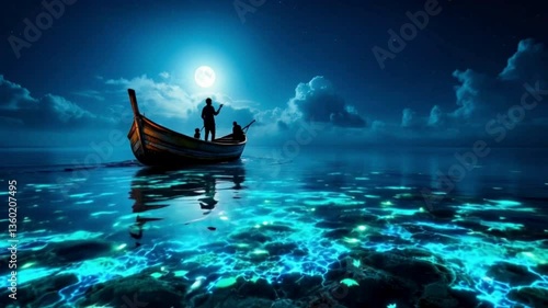 Rustic Fishing Boat Glides Across a Mesmerizing Bioluminescent Sea at Night as Neon Blues and Greens Illuminate the Water While Glowing Fish Swim Beneath and Moonlight Reflects Creating a Truly