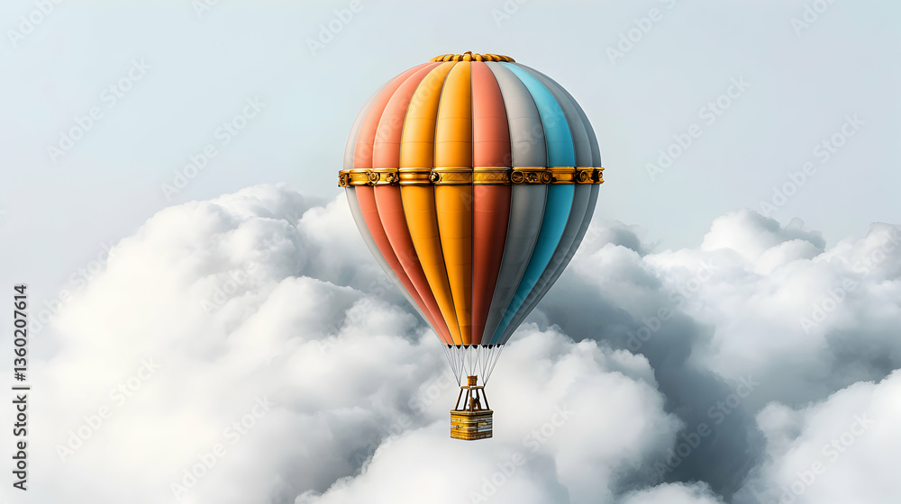 Fototapeta premium A vibrant hot air balloon floats among fluffy clouds. Use it as a whimsical background or a focal point for travel-related content.
