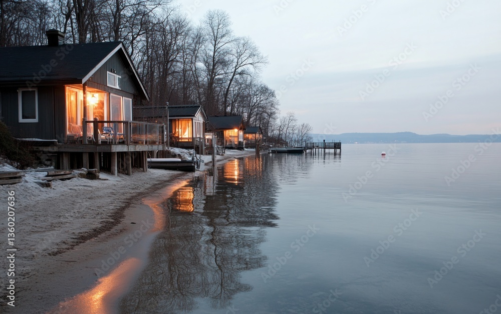 Fototapeta premium Lakeside Cabins at Twilight in Winter