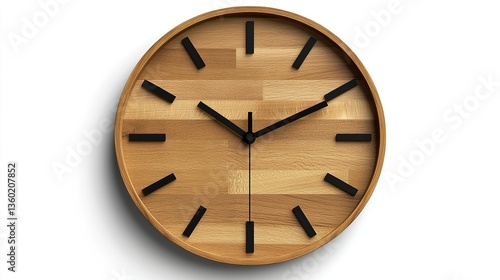 Wallpaper Mural Realistic image of a circular wooden wall clock with natural oak finish, black metal hands, no numbers, viewed from above, isolated on a transparent background. Torontodigital.ca