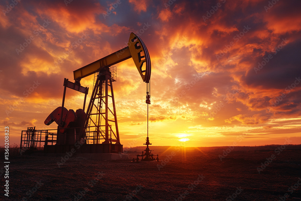 Oil pump silhouette at sunset, fiery orange sky, representing energy production, industry, and natural resources, powerful and dramatic scene