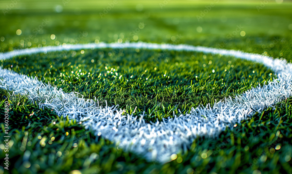 A close-up of a soccer corner white lines on a green grassy field, captured with a shallow depth of field.