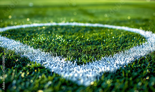 Obraz na płótnie A close-up of a soccer corner white lines on a green grassy field, captured with a shallow depth of field. w salonie