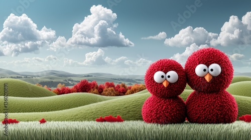 Two Red Fluffy Bird Characters on a Green Hillside under a Sunny Sky