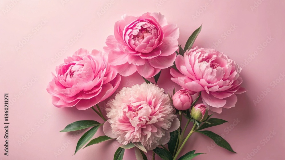 A Delicate Arrangement of Pink Peonies on a Soft Pink Background, Representing Elegance and Grace A Delicate Arrangement of Pink Peonies on a Soft Pink Background, Representing Elegance and Grace