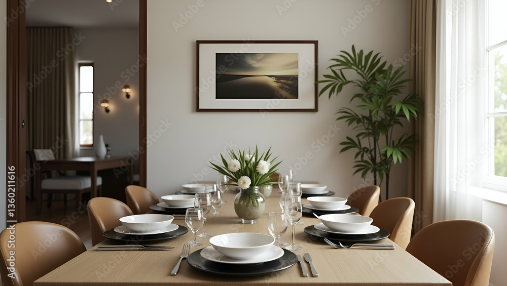 Dining table arranged in room with picture frame on wall showcasing elegant home dining setup and decor. concept as Dining table arranged in room with picture frame on wall showcasing elegant home din Dining table arranged in room with picture frame on wall showcasing elegant home dining setup and decor. concept as Dining table arranged in room with picture frame on wall showcasing elegant home din