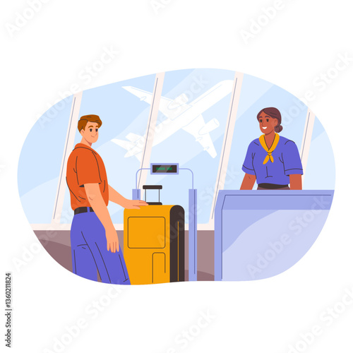 Airport inspection of hand baggage or cabin luggage. Vector people at security check or screening procedure, checking process. Flight travel or airline carry-on safety procedure. Aviation journey.