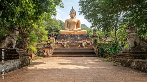 Wallpaper Mural Buddhist statue meditation thailand landmark lush greenery wide angle spiritual serenity Torontodigital.ca