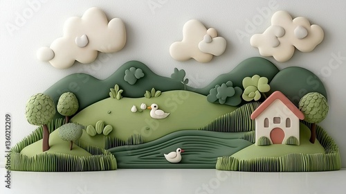 Whimsical Pastel Green 3D Render of Ducks Near Pond and Small House