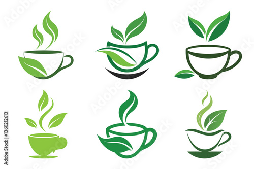 set of tea cup for logo icon concept. with Green Leaves vector art illustration