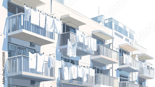 The image shows a multi-story apartment building.  The building's facade is predominantly light-colored, possibly white or light gray. Multiple balconies are visible, each with white clothing
