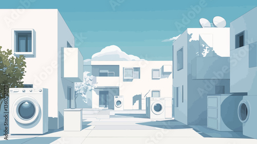 A digital illustration depicts a stylized village scene featuring cube-shaped, whitewashed buildings under a bright blue sky.  Several household appliances, primarily washing machines and dryers,