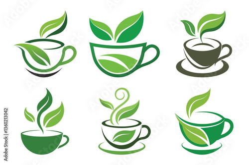 set of tea cup for logo icon concept. with Green Leaves vector art illustration