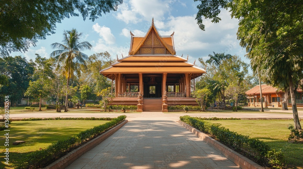 Obraz premium Serene wooden pavilion in tranquil garden cultural landmark photography clear sky outdoor architectural beauty