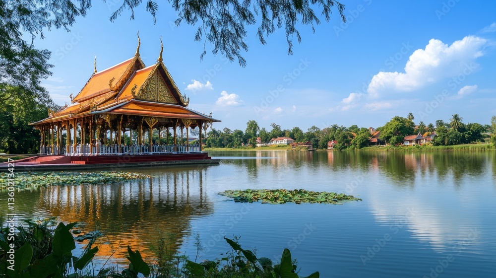 Fototapeta premium Serene cultural pavilion reflection thailand landscape photography tranquil lake scenic view nature's beauty