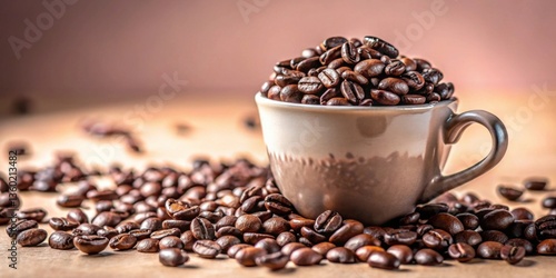 Aromatic Coffee Beans Overflowing from a Brown Cup, Spilling Onto a Wooden Surface