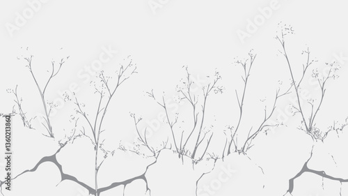 The image presents a monochromatic, minimalist line drawing.  It depicts a cracked or fractured surface, possibly a wall or ground, with sparse, delicate, branch-like vegetation emerging from the