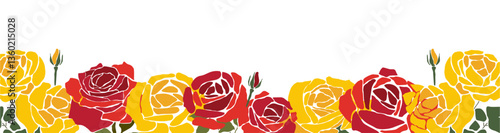 Decorative art banner, frame, border with yellow and red rose flowers isolated on transparent background