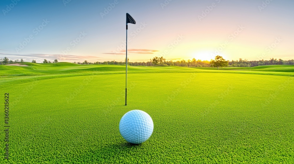 Obraz premium A pristine golf ball rests on a perfectly manicured green putting surface near the flag stick at sunrise on a beautiful golf course.