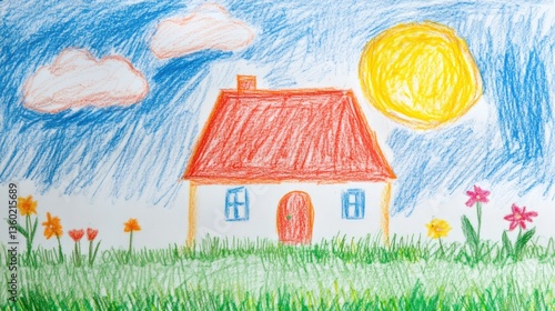 colorful landscape with a house on a blooming meadow children's pencil drawing