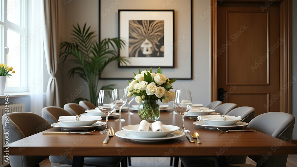 Dining table arranged in room with picture frame on wall showcasing elegant home dining setup and decor. concept as Dining table arranged in room with picture frame on wall showcasing elegant home din Dining table arranged in room with picture frame on wall showcasing elegant home dining setup and decor. concept as Dining table arranged in room with picture frame on wall showcasing elegant home din