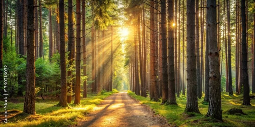 Naklejka premium Golden sunbeams illuminate a tranquil forest path, creating a magical atmosphere of serenity and peace amidst tall trees