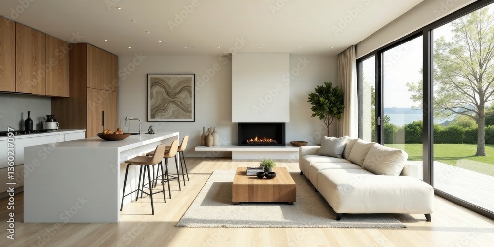 Fototapeta premium Modern Minimalist Home Interior Design Featuring Open Floor Plan, Island Kitchen, and Cozy Living Area with Fireplace