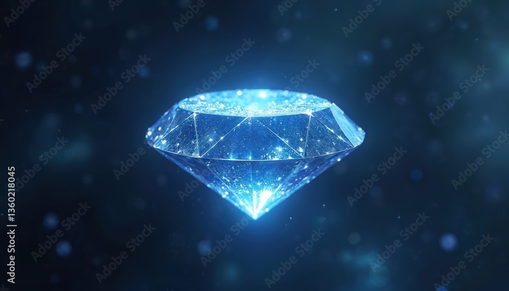 Sparkling blue diamond gem floating in space. Brilliant cut crystal jewelry jewel. Luxury wealth concept. Expensive precious stone sparkles against dark background. Sparkling blue diamond gem floating in space. Brilliant cut crystal jewelry jewel. Luxury wealth concept. Expensive precious stone sparkles against dark background.
