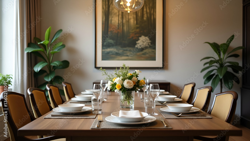 Elegant Home Dining Setup: Stylish Dining Table with Picture Frame Decor in Room - Photo Stock Concept Elegant Home Dining Setup: Stylish Dining Table with Picture Frame Decor in Room - Photo Stock Concept