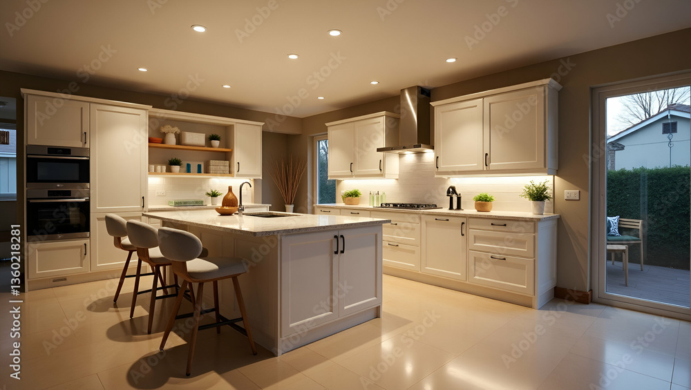 Flat Elegant kitchen with recessed lighting featuring elegant cabinets and built in lighting LED lights under cabinets creating cozy atmosphere concept as An elegant kitchen featuring recessed lightin Flat Elegant kitchen with recessed lighting featuring elegant cabinets and built in lighting LED lights under cabinets creating cozy atmosphere concept as An elegant kitchen featuring recessed lightin