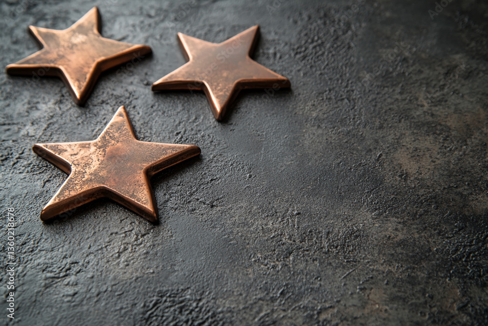 Three bronze stars on dark textured background, showcasing a rustic, elegant aesthetic suitable for awards, recognition, or luxury branding concepts Free space for text Three bronze stars on dark textured background, showcasing a rustic, elegant aesthetic suitable for awards, recognition, or luxury branding concepts Free space for text