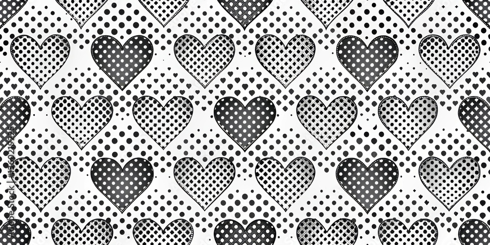 Stylish Monochrome Heart Pattern Featuring Repeating Dotted and Crosshatched Designs Ideal for Textile Prints and Digital Applications Stylish Monochrome Heart Pattern Featuring Repeating Dotted and Crosshatched Designs Ideal for Textile Prints and Digital Applications