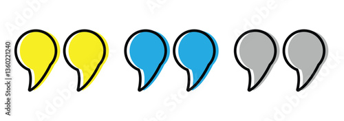 Quote right icon set. double quotation vector symbol. discussion dialog remark open and close quote sign in black filled and outlined style. vector illustration eps 10.