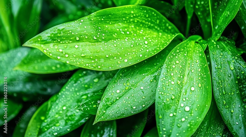 Obraz premium Close-up of vibrant green leaves with water droplets, showcasing natural freshness and vitality